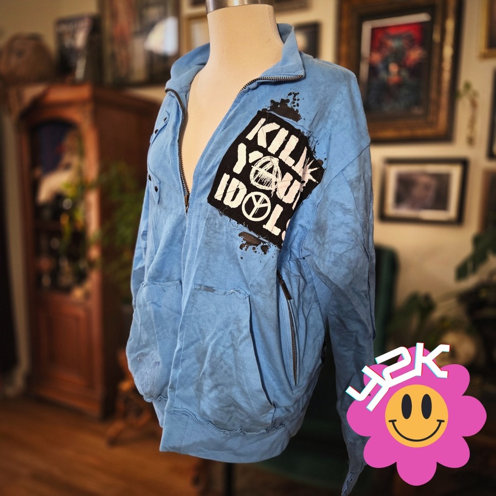 Black Label Punk Jacket Kill Your Idols Vintage Y2K Studded Hoodie Blue XL Goth
